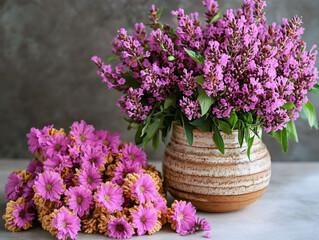 Beautiful lavender flower in the sun with lavender background, lavender flowers on table, lavender color background, lavender bouquet in ceramic pot, lavender field background, purple and pink tones, 