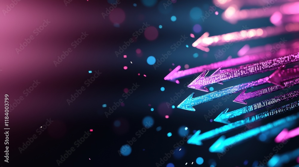 Poster an abstract image of data being uploaded and downloaded from the cloud, symbolized by arrows and glo