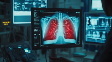 A medical professional examines a digital lung x-ray on a monitor. The bright red vascular structure highlights blood flow, revealing critical information for diagnosis in a healthcare environment.