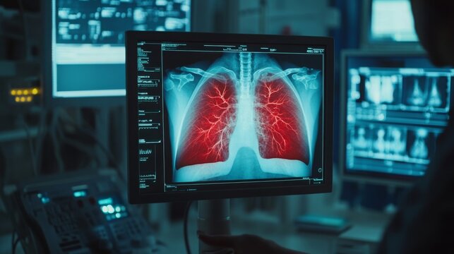 A medical professional examines a digital lung x-ray on a monitor. The bright red vascular structure highlights blood flow, revealing critical information for diagnosis in a healthcare environment.