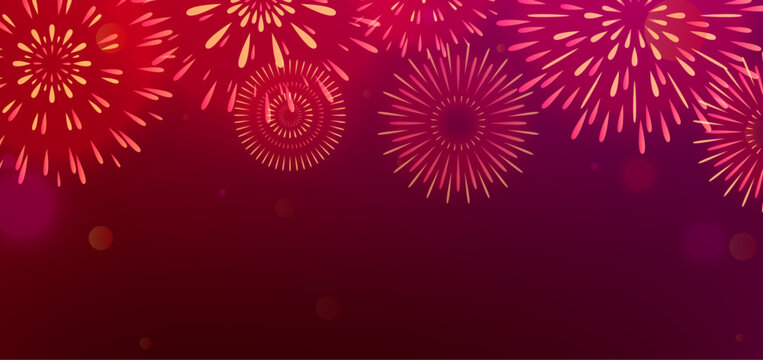 Firework vector background. Realistic blur light fire work banner. Color firecrackers on night sky for celebration event. New year, anniversary, carnival bright design with burst pyrotechnics