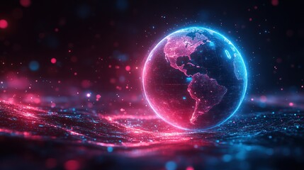 Obraz premium Glowing digital Earth over particle wave, futuristic tech background