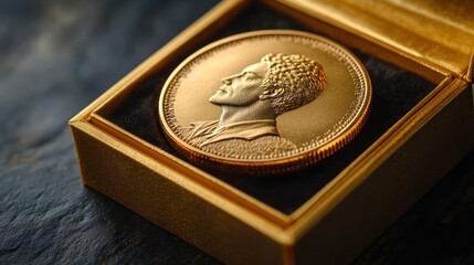 Gold commemorative coin in elegant box on dark wood