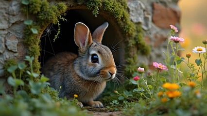 Adorable Fluffy Bunny Peeking from Mossy Stone Wall Hole in Vibrant Wildflower Garden at Sunset