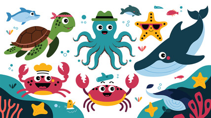 Obraz premium Set of Ocean life with funny characters of turtle, octopus, starfish, crab and squid, Happy dolphin and whale on white background, flat illustration, digital art