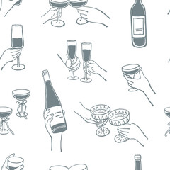 Hand drawn hands holding drink glasses seamless pattern. Cheers toast festive decoration for holidays, romantic Valentine's Day design, wrapping paper, gift paper, textile