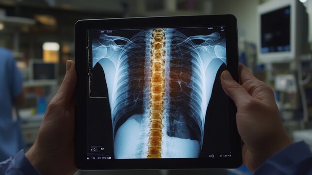 A medical staff member holds a tablet displaying a detailed spinal x-ray in a hospital environment. The focus is on diagnosing patient conditions with advanced imaging technology. - Powered by Adobe