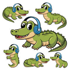 Naklejka premium hand drawn Cute Cartoon adorable green Crocodile with blue headphones isolated on a white background, different poses, vector illustration 