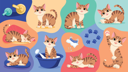  Funny kittens play with toys, sleep, washing, stretching, scratching Flat isolated vector illustration on white background