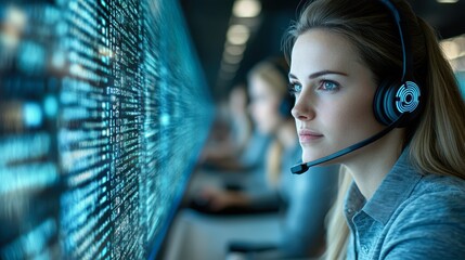 A focused woman in a headset works in a high-tech office environment with digital data on screens, ideal for illustrating customer service, tech support, or remote work themes,