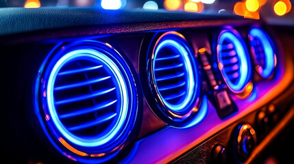 Obraz premium Illuminated Car Interior: Close-up of Stylish Air Vents at Night