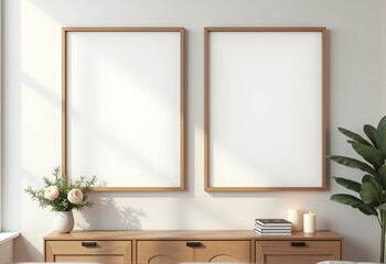 Fototapeta premium Eclectic living room with two identical large wooden picture frames on a sideboard, candle, flowers, neutral colors, bright, cozy setting, hyper-realistic 4k