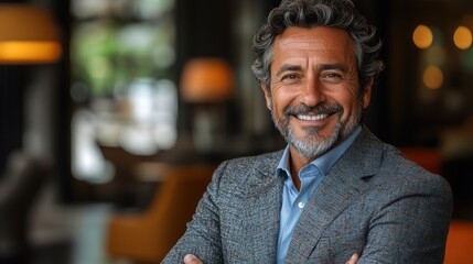 Obraz premium Smiling mature man in business attire, indoor cafe setting
