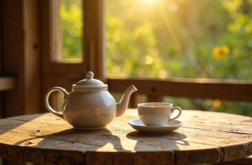 Fototapeta premium a white teapot and a cup of tea on a wooden table in a sunlit room, tea ceremony