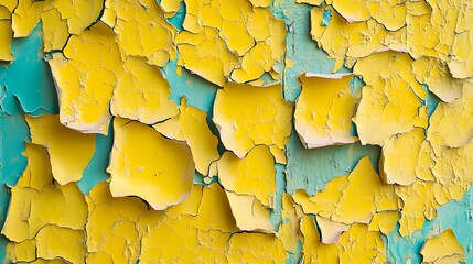 Close-up of cracked, peeling yellow and teal paint on a textured surface.