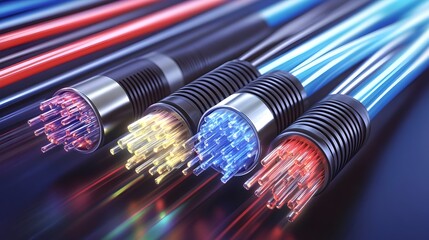 A close-up shot of fiber optic cables with vibrant beams of light traveling through them. The cables are arranged neatly on a black surface, highlighting the glowing light that represents high-speed 
