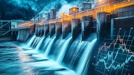 A hydroelectric dam with a powerful flow of water, overlaid with a financial graph symbolizing the rise of renewable energy stocks tied to hydroelectric investments. 