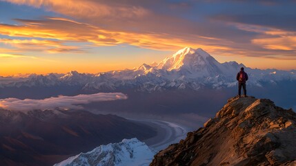 A lone traveler standing on a mountain peak, gazing at the panoramic view of snow-capped peaks and vast valleys below. The early morning light creates a golden glow on the landscape, emphasizing 