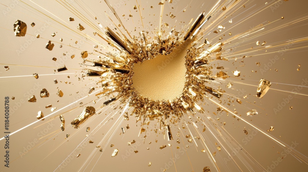 Wall mural golden particles bursting outwards from a central point, creating a starburst effect with a sense of