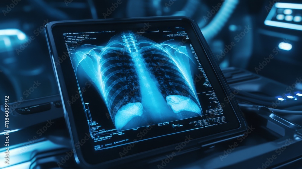 Aufkleber a digital x-ray of a human chest is clearly visible on a tablet device placed on a smooth surface, i