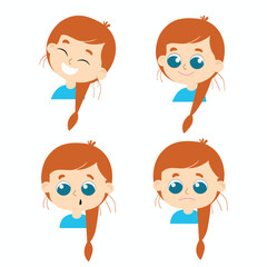 Set of a girl with a pigtail different emotions in cartoon style isolated on a white background.