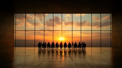 Fototapeta premium A boardroom meeting silhouetted against a vibrant sunset, showcasing professionals seated around a large table, ideal for themes of leadership, teamwork, and corporate decision-making,