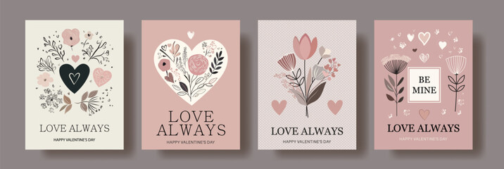 Set of Valentines Day Greeting Cards with Floral Elements and Heart Motifs Elegant Minimalistic Design in Pastel Shades Featuring Messages Love Always and Be Mine Perfect for February 14 Romantic Cele
