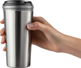 Hand Holding Stainless Steel Travel Mug Isolated on transparent background