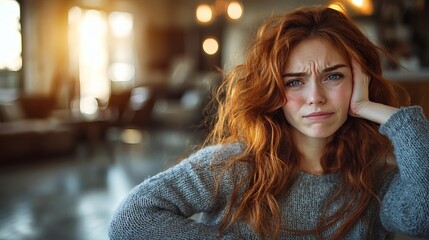 Obraz premium Redhead Woman Feeling Overwhelmed: A young woman with vibrant red hair sits, hands covering her ears, expressing stress and anxiety.
