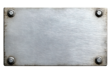 Distressed stainless steel plaque with a brush silver metal texture and screws, png file cut out and isolated on a transparent background, signage stock photo image