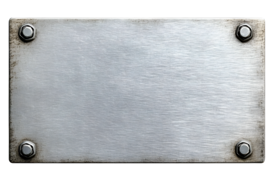 Distressed stainless steel plaque with a brush silver metal texture and screws, png file cut out and isolated on a transparent background, signage stock photo image
