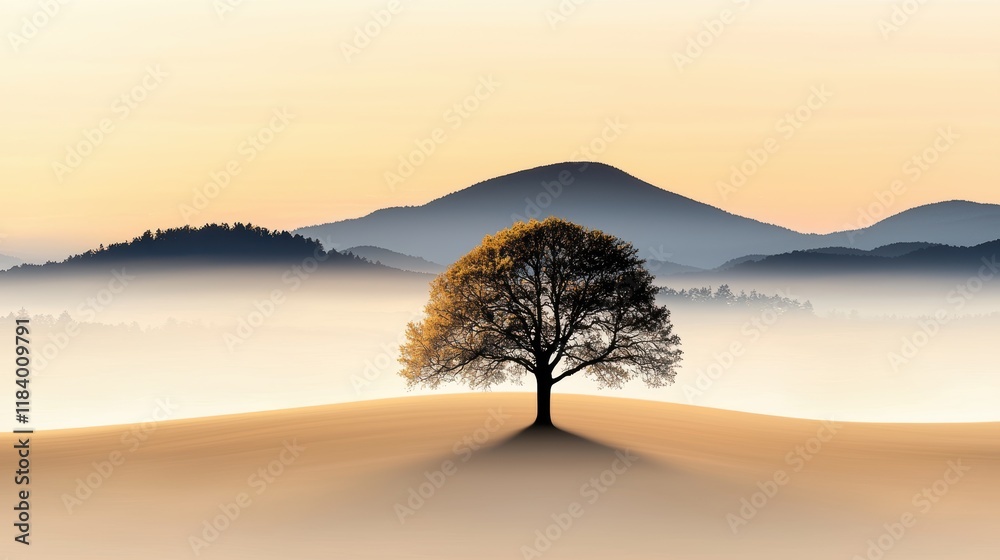 Sticker a landscape scene partially obscured by a golden fog, adding an element of mystery and intrigue to t