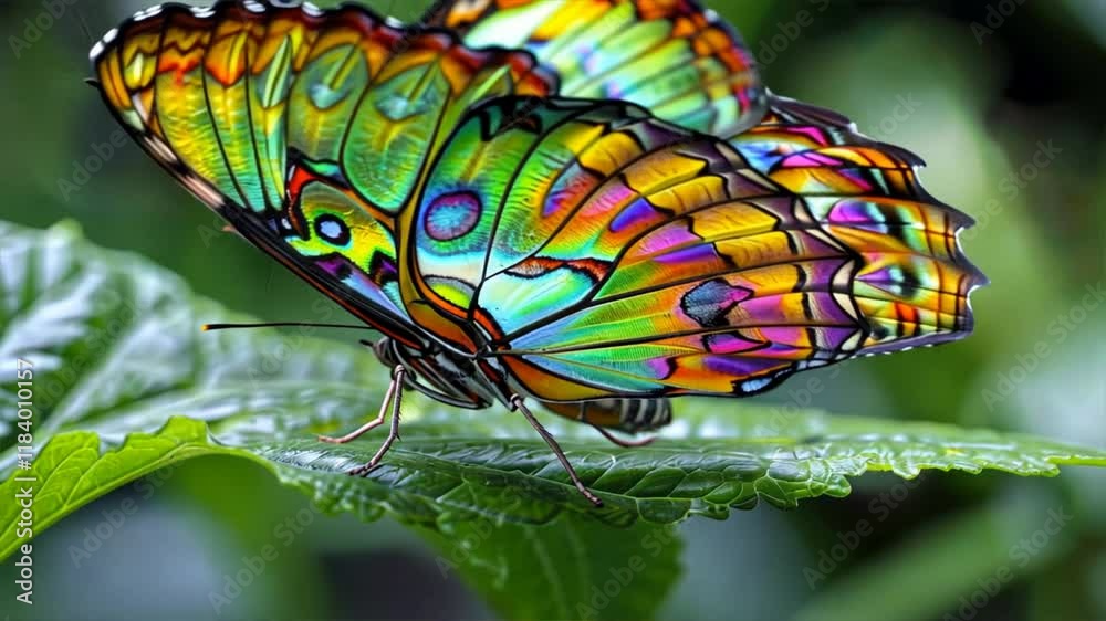 Poster colorful butterfly with iridescent wings on green leaf close up of natures intricate patterns and de