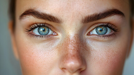 Naklejka premium Freckled face, blue eyes, close-up, studio, beauty