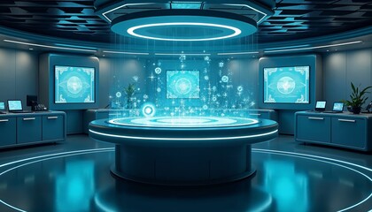 Futuristic control room with holographic interface. Concept of technology, innovation, and science.