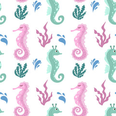 Cute seahorse seamless pattern with seaweed and splash of water. Children background. Under the sea, water animal character, ocean fauna. Flat vector design.	