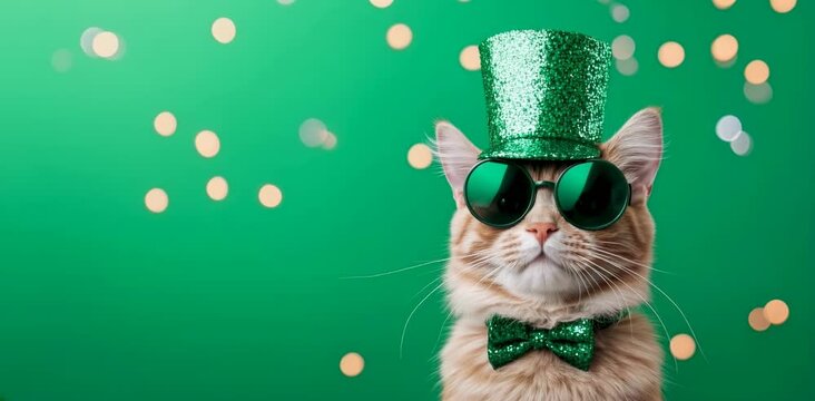 Cat in green glitter top hat and sunglasses with bokeh lights. St Patrick's Day, pet accessories stores, holiday marketing