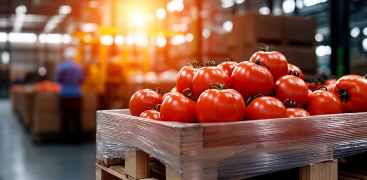 Fresh tomatoes on wooden pallet in warehouse storage. Food distribution companies, grocery suppliers, agricultural logistics