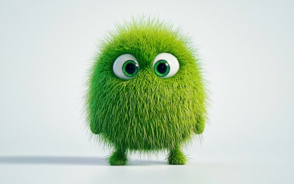 A tiny green monster with a round body and wiggly arms, looking curious on a crisp white background
