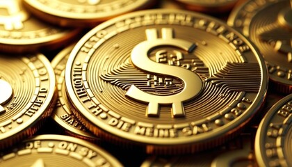 Close-up of a golden coin with intricate details and dollar sign emphasizing wealth in digital art