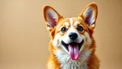 Joyful corgi with tongue out in a playful pose against a neutral background