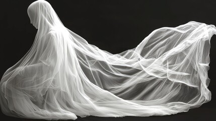 Ethereal Veil: A Study in Texture, Light, and Shadow. An enigmatic exploration of serenity, capturing the subtle beauty of flowing fabric and the ghostly essence of form.