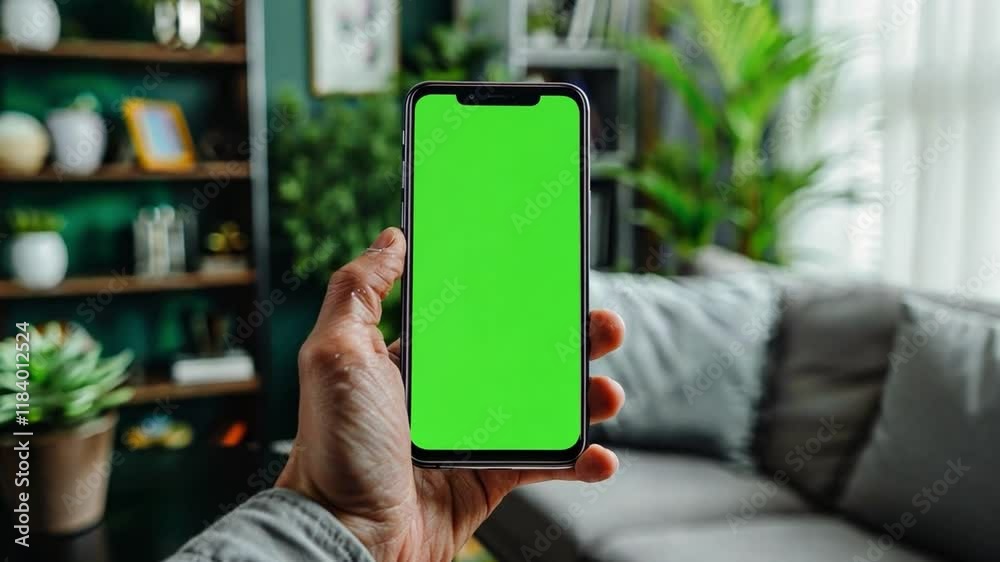 Aufkleber a person holds a smartphone displaying a bright green background in a stylish living room filled wit