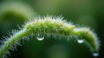 Obraz premium Close-Up of Dew Drops on a Hairy Plant Stem at Sunrise