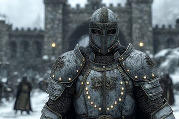 A valiant knight in full armor stands before a snow-covered castle, ready for battle. The scene evokes a sense of medieval fantasy and heroism.