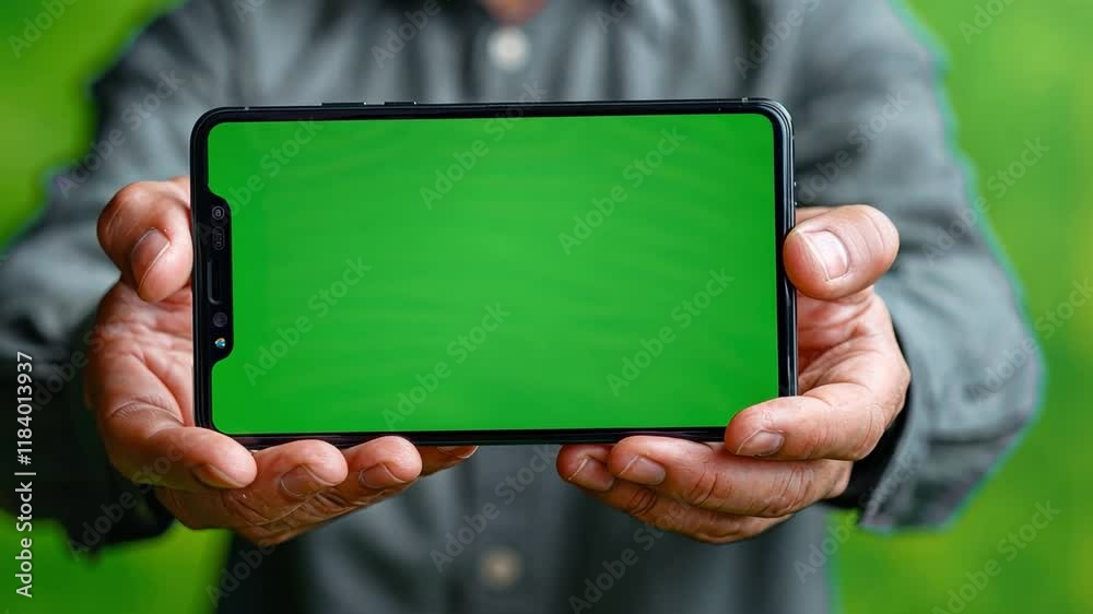 Aufkleber two hands hold up a smartphone displaying a blank green screen, suitable for video editing or produc