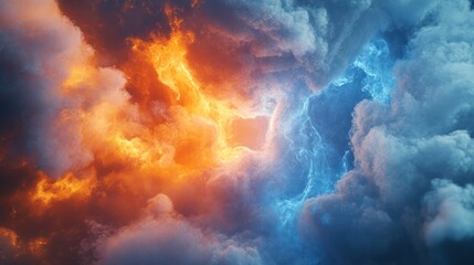 Fototapeta premium Fiery, icy clouds clashing in dramatic sunset sky; abstract background