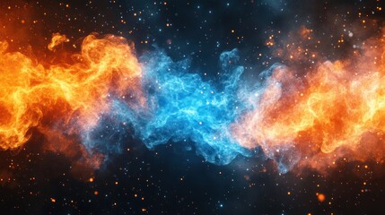 Naklejka premium Fiery, icy swirls collide in cosmic space; abstract background