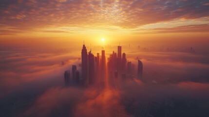 Sunrise Aerial Cityscape Foggy Skyline