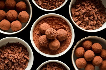 chocolate truffles, cocoa powder, and grated chocolate in bowls